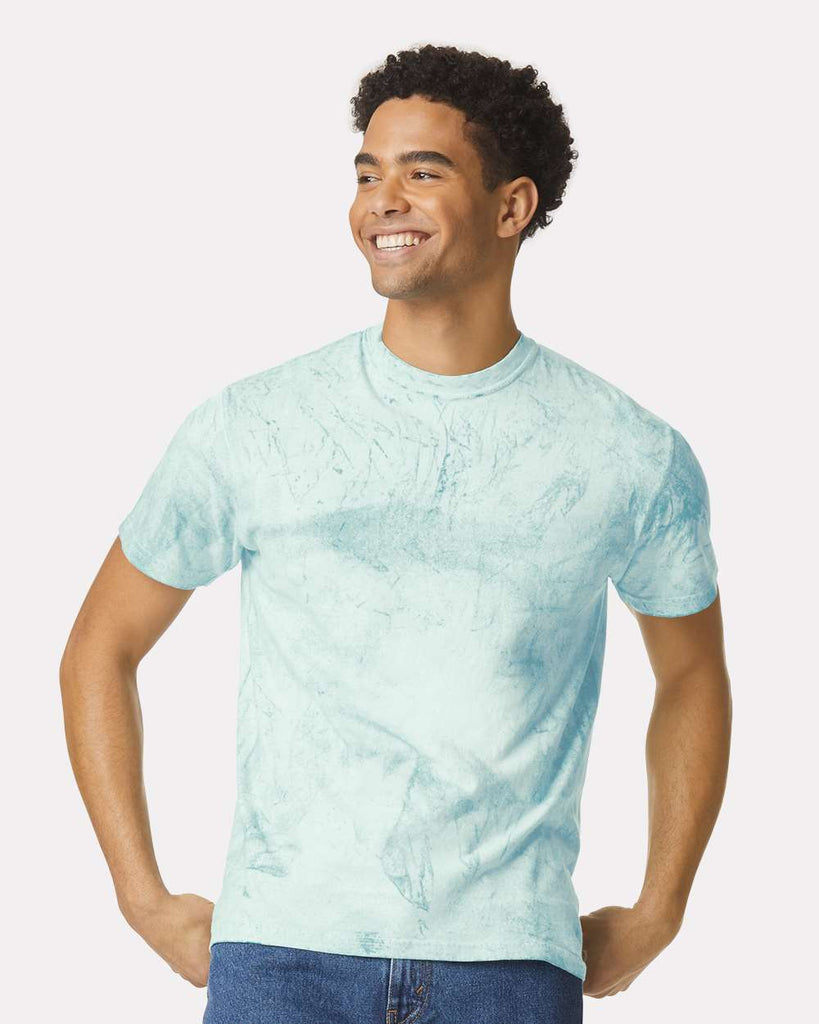 Model wearing a customized Comfort Colors 1745 Colorblast Tee in Seaglass – relaxed fit, vintage wash, and personalized print available.